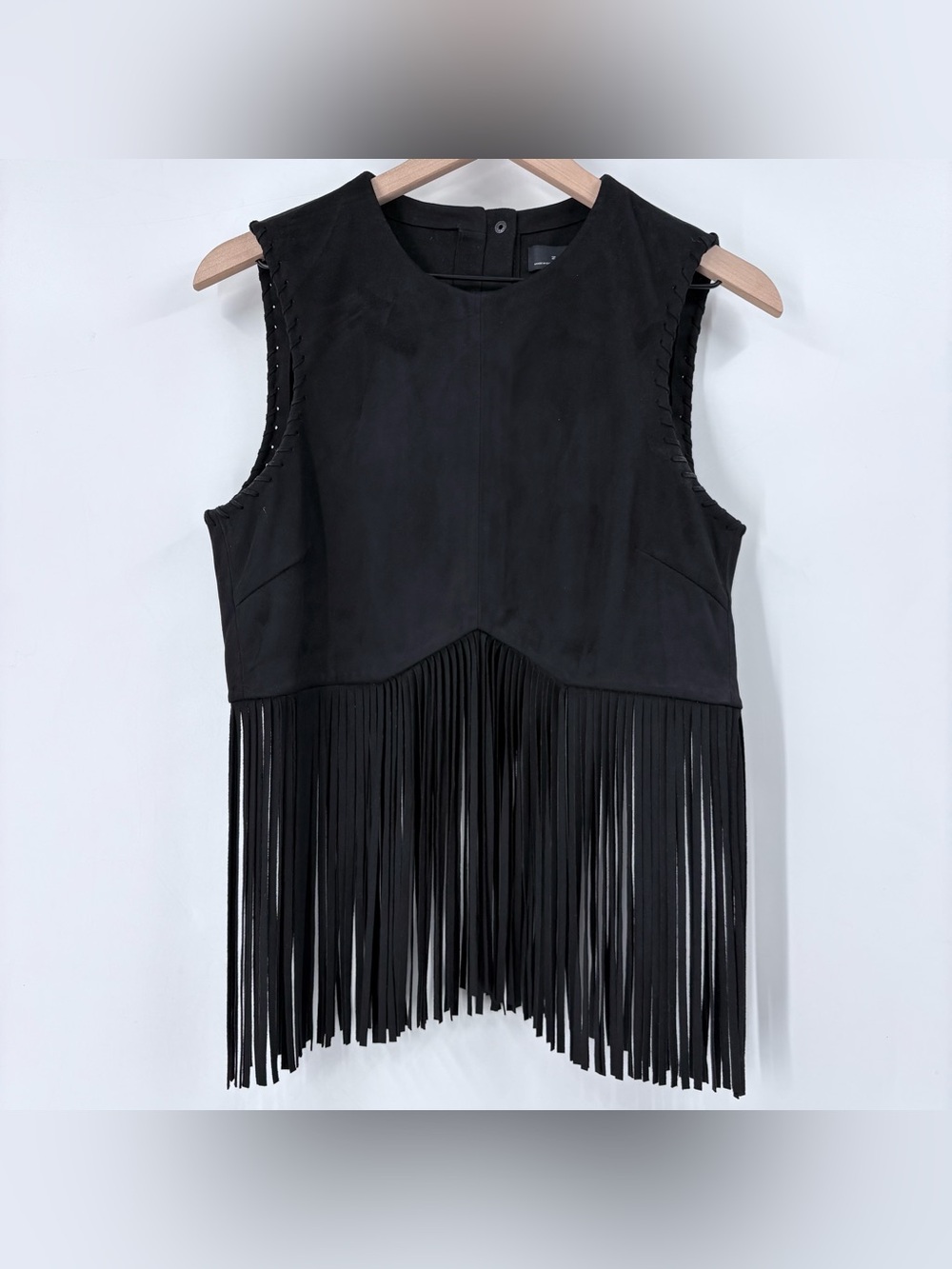 Zara Woman Black Faux Suede Cropped Fringed Top